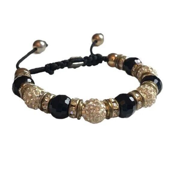 Rhinestone Bead Bracelet Black Cord Silver Tone Costume Jewelry - Picture 2 of 8